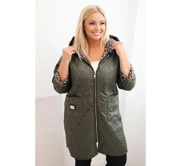 Dámská prošívaná bunda Plus Size s podšívkou v leopardím vzoru a kapucí khaki