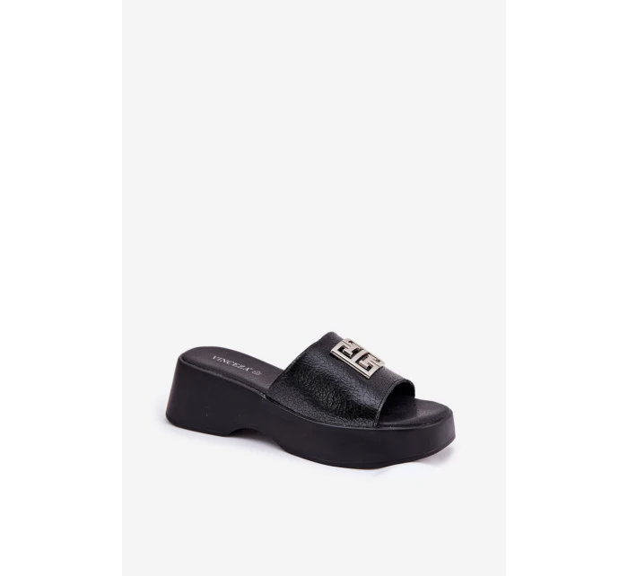 Kožené Dámské Pantofle S Ozdobou Černé model 21695126 - VINCEZA