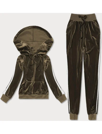 Velurový teplákový komplet v khaki barvě s lampasy model 17851748 - LUNA & MIELE