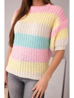 Dámský svetr s krátkým rukávem v barevných pruzích krajkový světle růžový