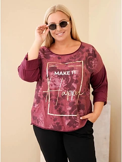 Dámská bavlněná halenka Plus Size s potiskem a výstřihem do U švestková