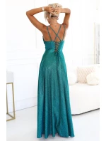 589-3 Dlouhé šaty s jemným třpytem a korzetovým zavazováním na zádech - zelené se třpytkami