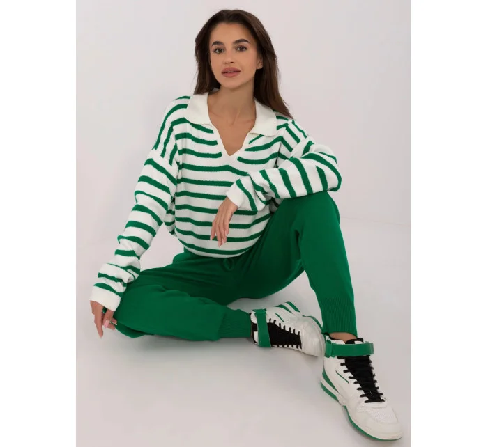 Zeleno/ecru úpletový dámský pruhovaný komplet (0610)