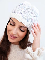 Dámská zimní vlněná čepice s norským vzorem K354 ecru+fialový