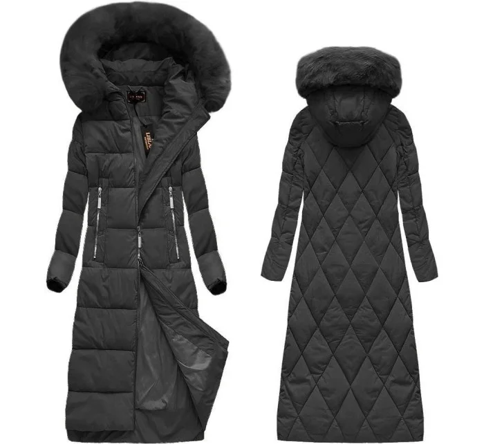 Černá dlouhá dámská zimní bunda s kapucí (7688BIG)