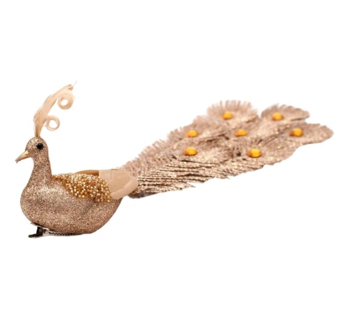 OZDOBNÝ PÁV NA SPONĚ NA CETKY ZLATÝ