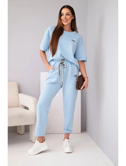 Dámský komplet viskózový máslo s krátkým rukávem a kalhotami s ohrnutým nohavicí modrý