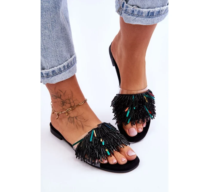 Dámské pantofle s módními ozdobami S.Barski Černá Dámské pantofle s módními ozdobami S.Barski Černá