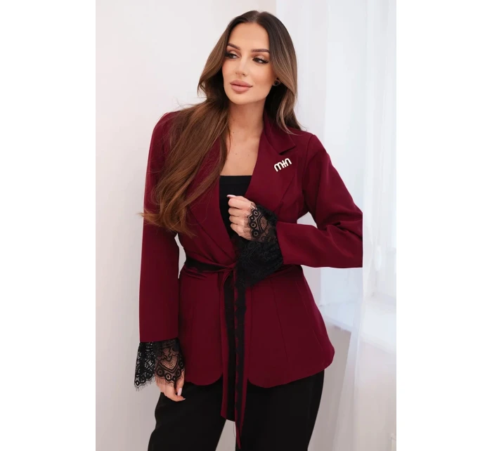 Dámský sako s páskem a krajkovým model 21774839 rukávů bordová - K-Fashion Dámský sako s páskem a krajkovým model 21774839 rukávů bordová - K-Fashion