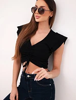 Dámská žebrovaná proužkovaná halenka na ramínkách s volánkem černá