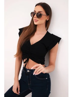 Dámská žebrovaná proužkovaná halenka na ramínkách s volánkem černá