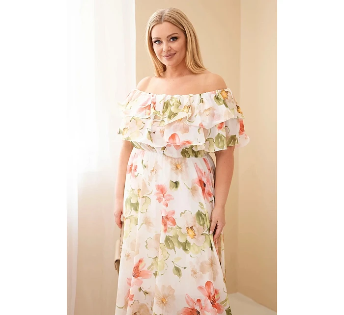 Dámské šaty Plus Size s volánem hiszpanka a elastickým pasem maxi olivová