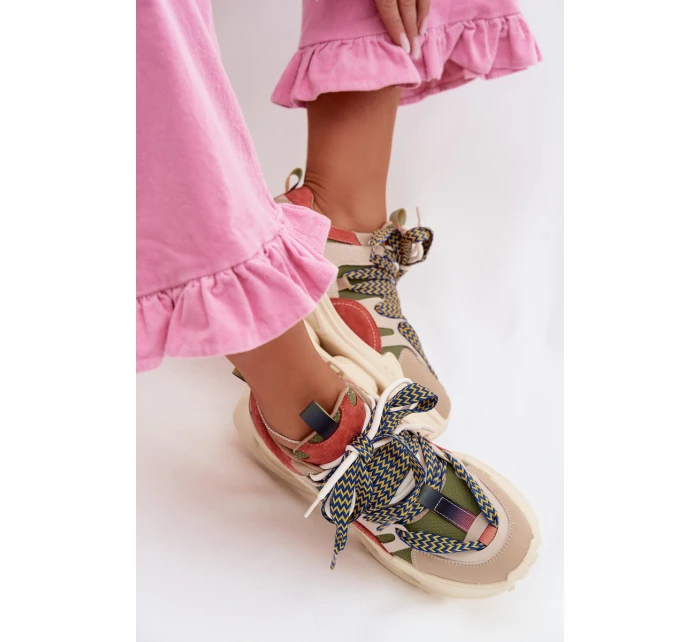 Kožené dámské tenisky na platformě model 22031852 Béžové - D&A