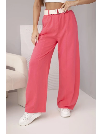 Dámské bavlněné kalhoty se širokými nohavicemi a páskem malinové Dámské bavlněné kalhoty se širokými nohavicemi a páskem malinové