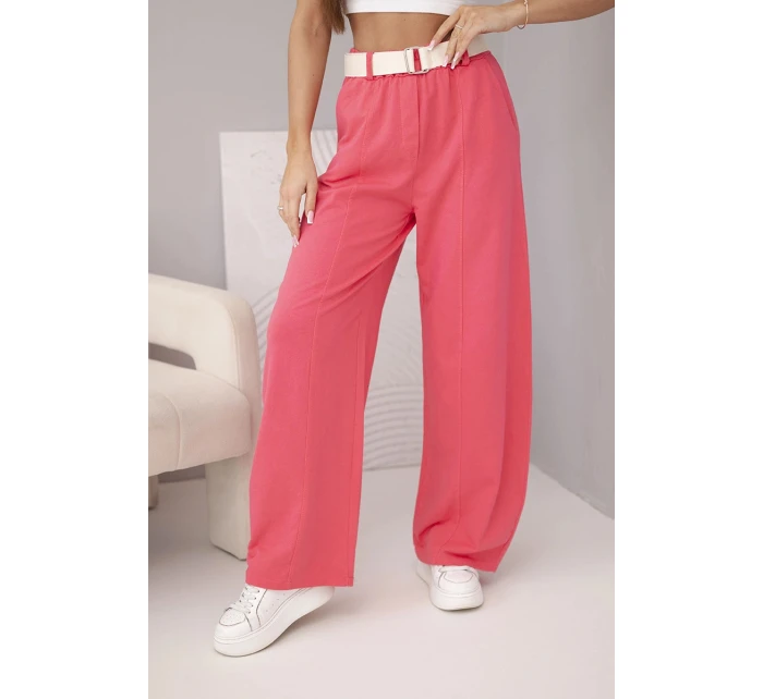 Dámské bavlněné kalhoty se širokými nohavicemi a páskem malinové Dámské bavlněné kalhoty se širokými nohavicemi a páskem malinové