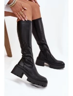 Dámské kozačky na masivním podpatku a platformě, nazouvací Florinne – černé Dámské kozačky na masivním podpatku a platformě, nazouvací Florinne – černé