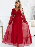 684-1 NERISSA – elegantní tylová maxi šaty s výstřihem do V – světle vínová