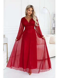 684-1 NERISSA – elegantní tylová maxi šaty s výstřihem do V – světle vínová