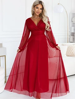 684-1 NERISSA – elegantní tylová maxi šaty s výstřihem do V – světle vínová
