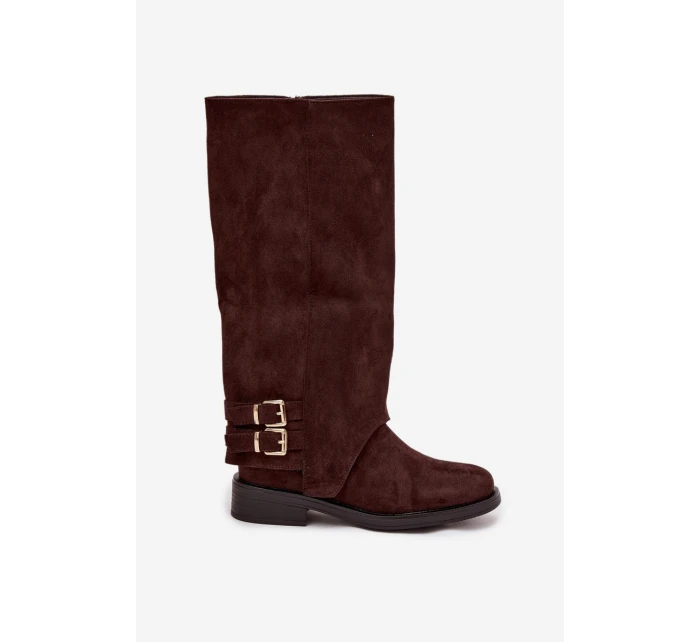 Zateplené dámské kozačky s přezkami čokoládové model 21715392 - Boto