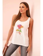 Dámská bavlněná halenka na ramínka s květinovým potiskem ecru