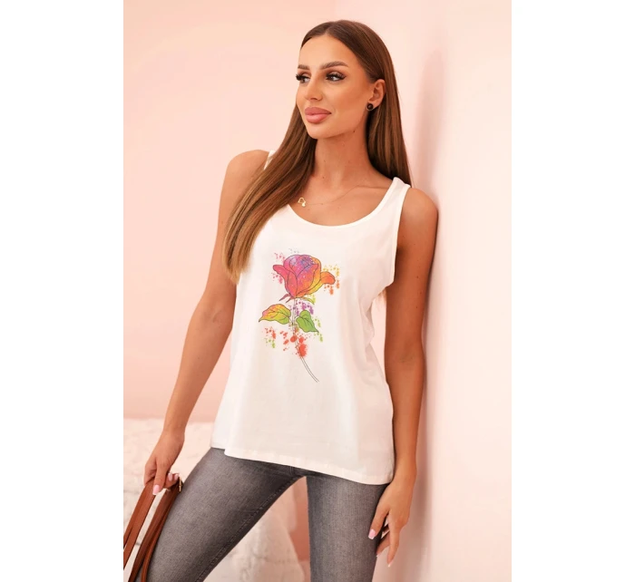 Dámská bavlněná halenka na ramínka s květinovým potiskem ecru