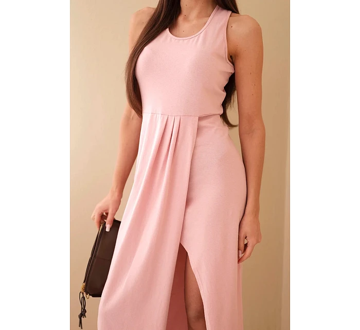 Dámské bavlněné midi šaty bez rukávů s řasením světle pudrově růžové