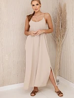 Dlouhé šaty bez ramínek tmavě béžová