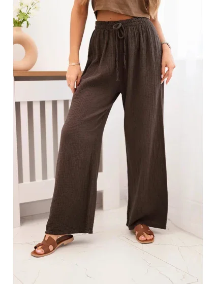 Mušelínové kalhoty se širokou nohavicí hnědý