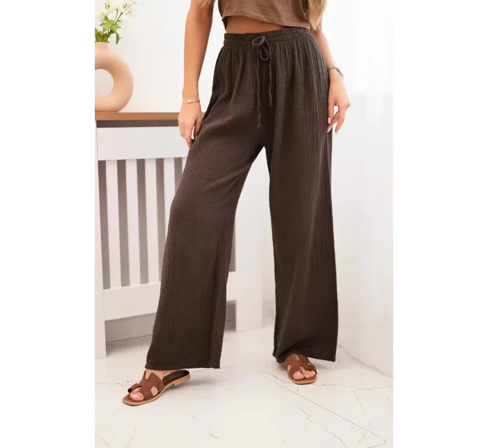 Mušelínové kalhoty se širokou nohavicí hnědý