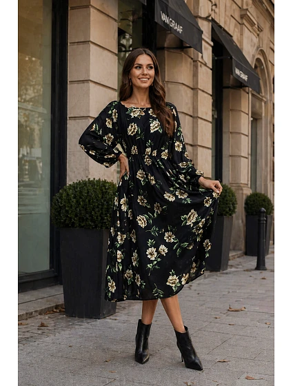 Květinové kimono šaty s kulatým výstřihem Ann Gissy černá/béžová (XY202116) Květinové kimono šaty s kulatým výstřihem Ann Gissy černá/béžová (XY202116)