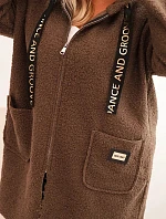 Dámský plášť Plus Size z umělé beránkové látky s kapucí a kapsami camelový