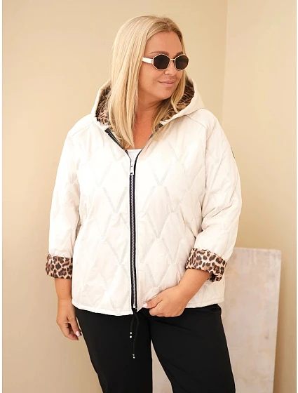 Dámská bunda Plus Size s kapucí a leopardím lemováním béžová světlá Dámská bunda Plus Size s kapucí a leopardím lemováním béžová světlá