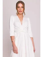 S404 Úpletové šaty s vázacím páskem - ecru barva S404 Úpletové šaty s vázacím páskem - ecru barva