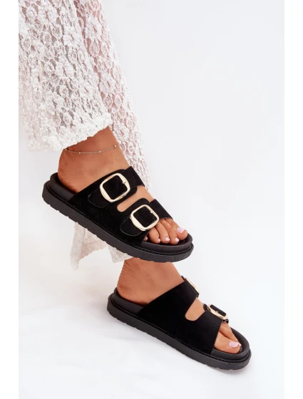 Dámské pantofle na platformě se zlatými přezkami – černé