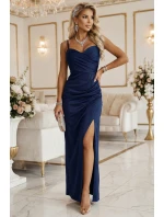 model 21903948 Přiléhavé dlouhé maxi šaty s obálkovým výstřihem a rozparkem tmavě modré - numoco basic model 21903948 Přiléhavé dlouhé maxi šaty s obálkovým výstřihem a rozparkem tmavě modré - numoco basic