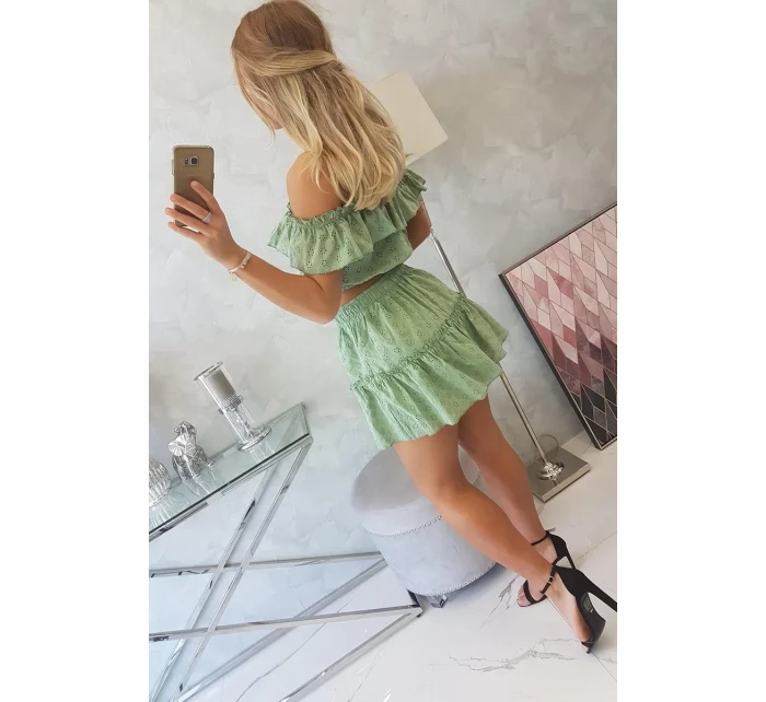 Vyšívaný komplet s pruhovanou halenkou tmavě mátový