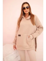 Dámská bavlněná souprava s kapucí a legíny s vysokým pasem béžová