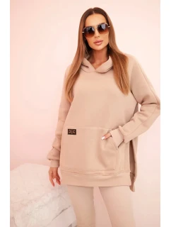 Dámská bavlněná souprava s kapucí a legíny s vysokým pasem béžová