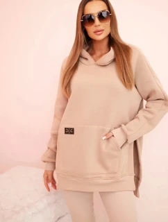 Dámská bavlněná souprava s kapucí a legíny s vysokým pasem béžová