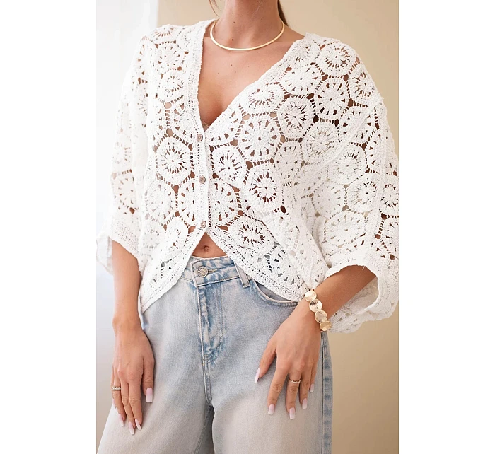 Dámský letní krajkový svetr s knoflíky a dlouhým rukávem černý