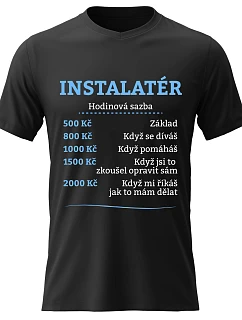 Pánské bavlněné tričko s potiskem - HODINOVÁ SAZBA - INSTALATÉR - černé