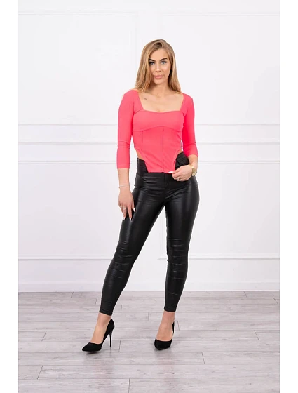 Halenka s žebrovaným výstřihem růžová neonová