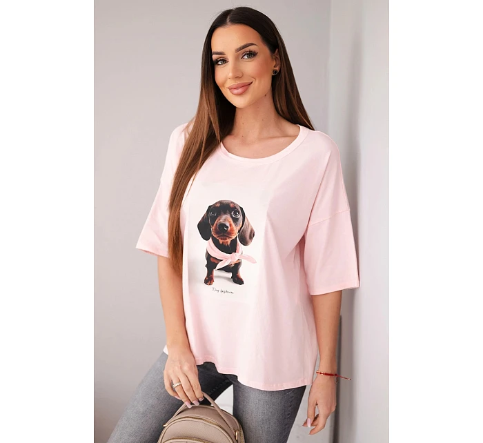 Dámská bavlněná oversize halenka s potiskem  cukrově růžová model 22040096 - K-Fashion