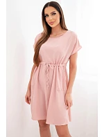 Dámské šaty s krátkým rukávem a zavazováním v pase tmavě pudrově růžové