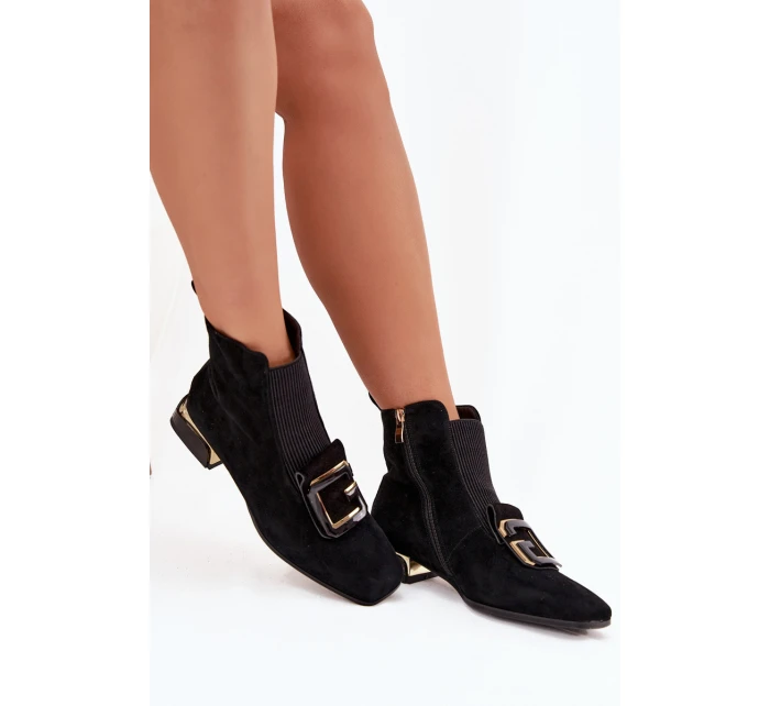 Dámské kožené semišové kotníkové boty na nízkém podpatku – černé