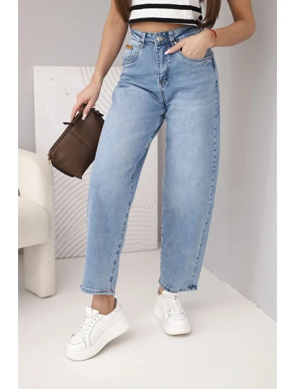 Dámské kalhoty s vysokým pasem a nohavicemi modré model 21961293 - K-Fashion