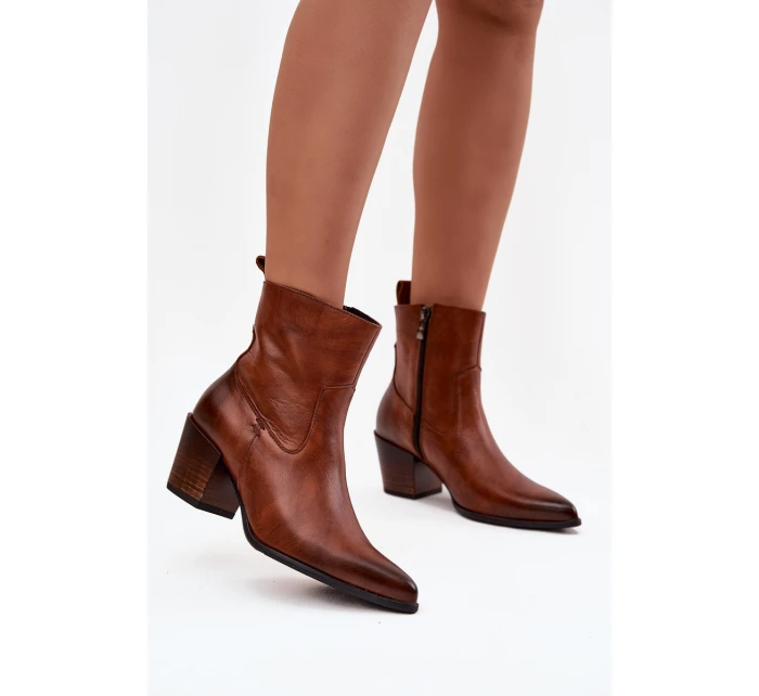 Kožené Kožené Kozačky Pro Ženy Na Podpatku Vyhřívané Zazoo 60565 Hnědé