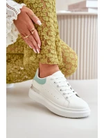 Nízké Dámské Tenisky Na Platformě Z Eko Kůže Bílá-Zelená Nevelena Nízké Dámské Tenisky Na Platformě Z Eko Kůže Bílá-Zelená Nevelena