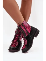 Kožené dámské boty z pravé kůže na nízkém podpatku Maciejka – černo-růžové
